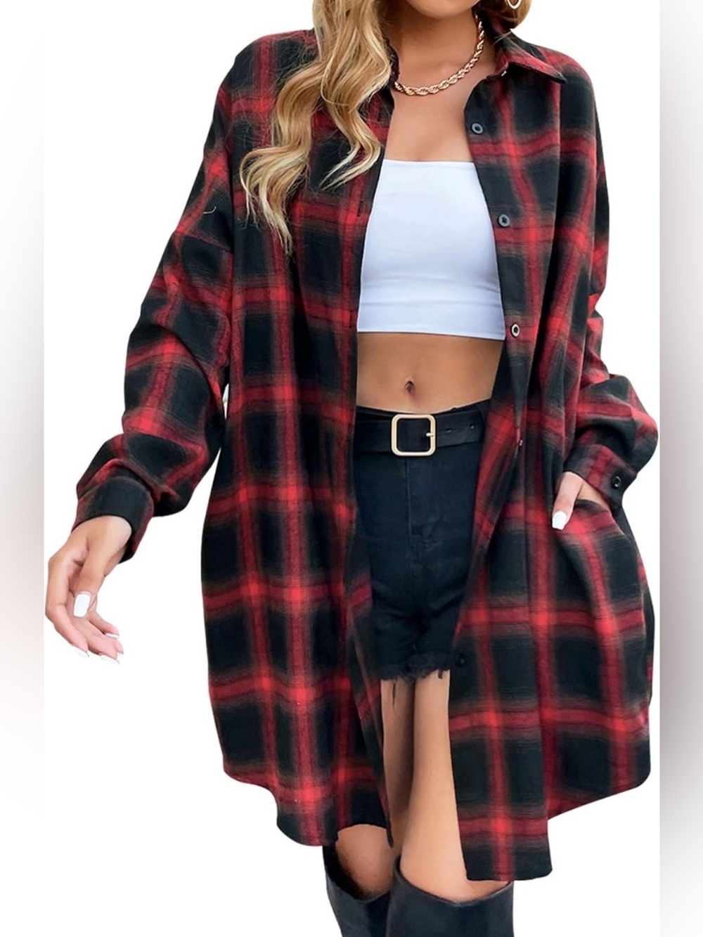 Blooming Jelly Plaid Button-Up Dress Long Shirt - Red & Black